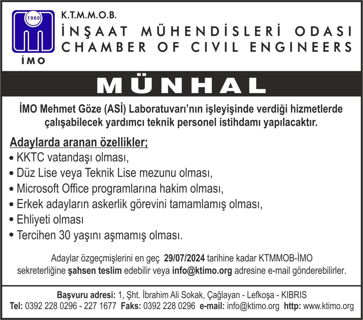 İNŞAAT MÜHENDİSLERİ ODASI MÜNHAL DUYURUSU.