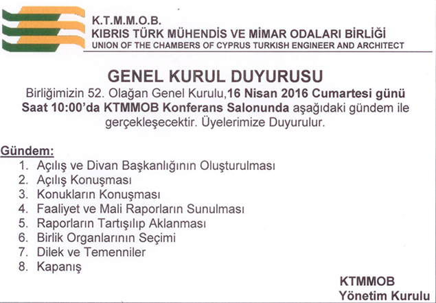 KTMMOB 52.OLAĞAN GENEL KURUL DUYURUSU 
