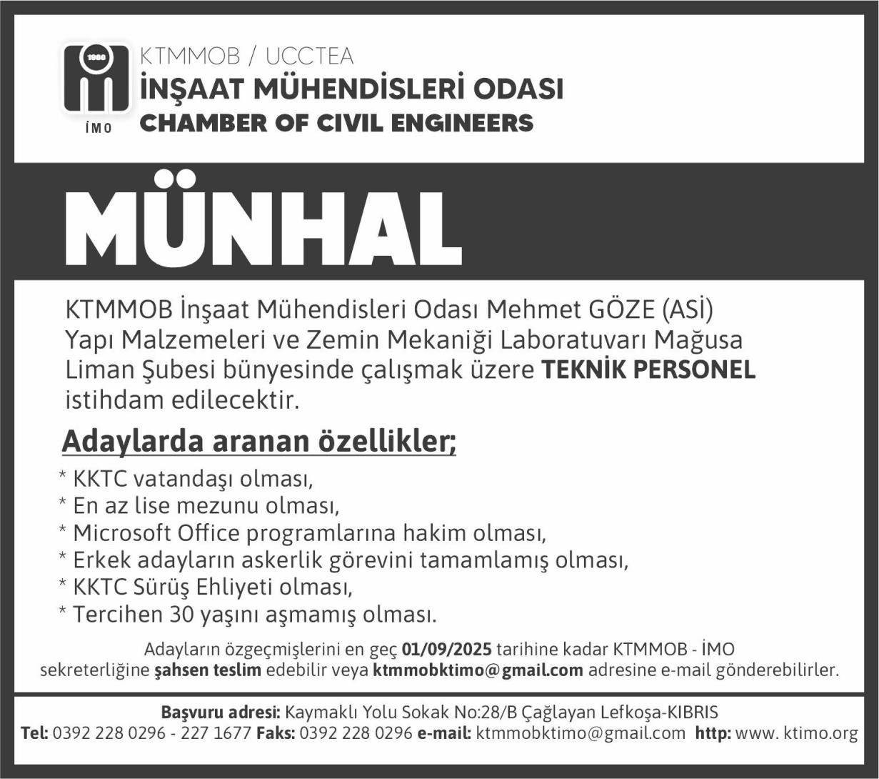 KTMMOB İnşaat Mühendisleri Odası Teknik Personel Arıyor